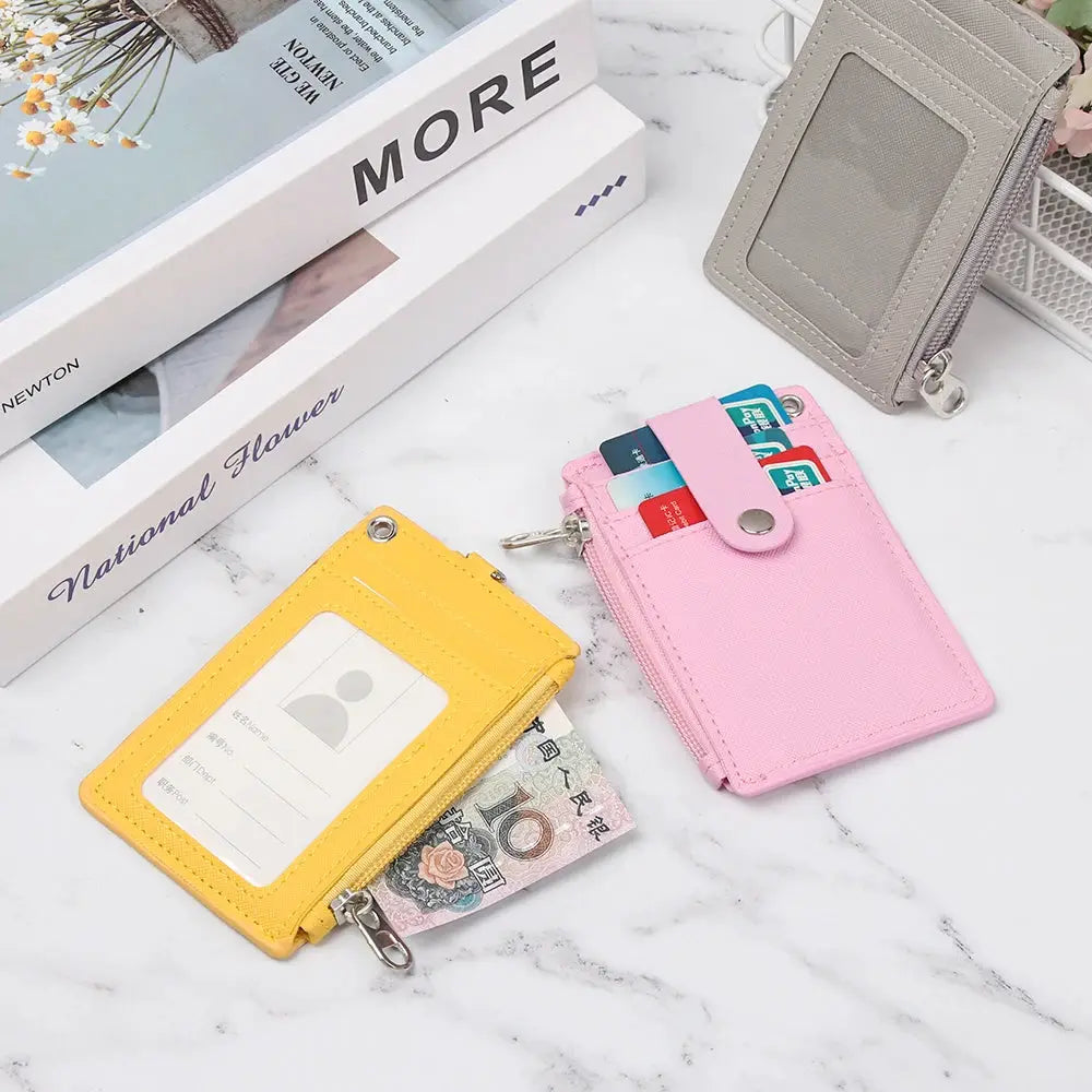 Simples Market PU leather mini wallet with card slots, ID window and keyring; yellow and pink pair