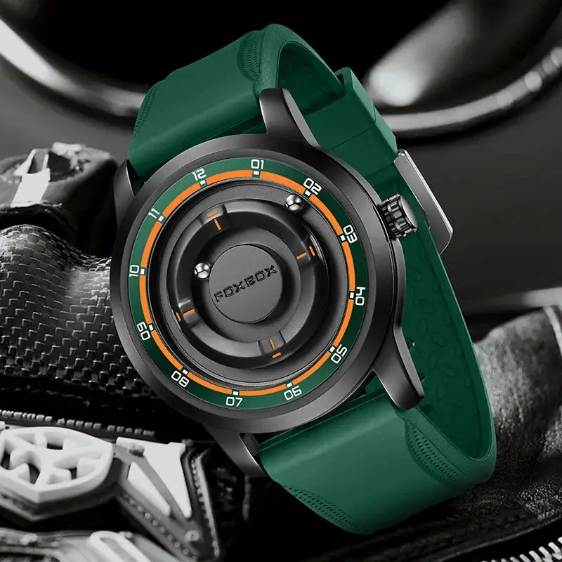 FOXBOX men's green silicone watch with black case and orange-green dial ring