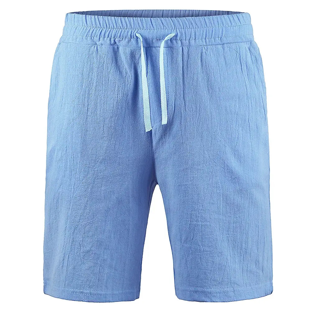 Men's cotton-linen shorts in light blue by Simples Market with drawstring, breathable summer wear.