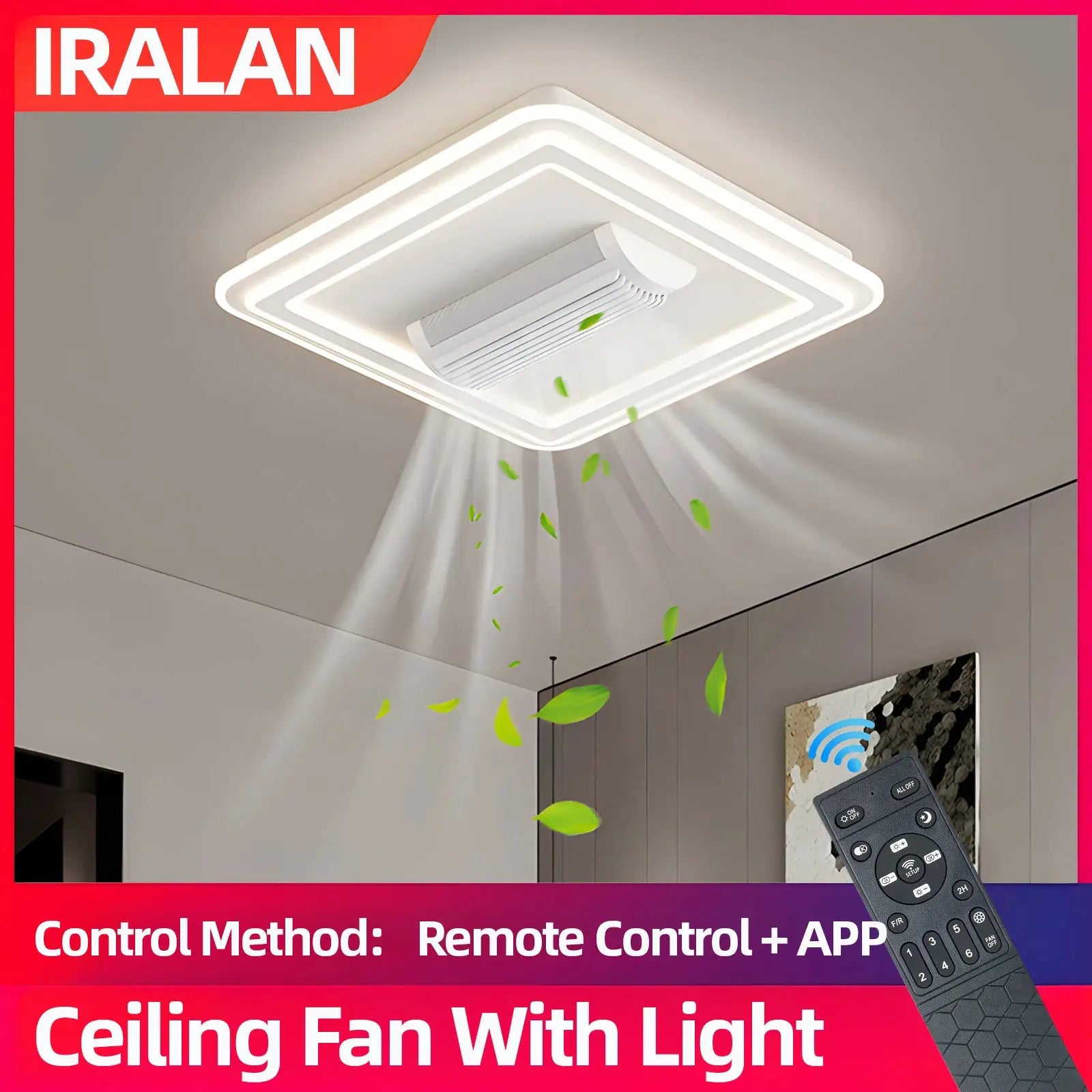 Simples Market LED bladeless white ceiling fan chandelier with light, square frame, remote control