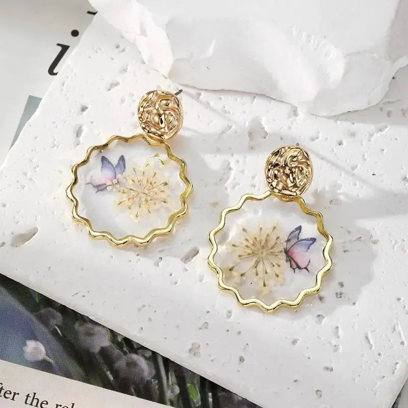 Dangle earrings, Simples Market gold-tone epoxy floral hoops with pressed flowers and butterflies, pair