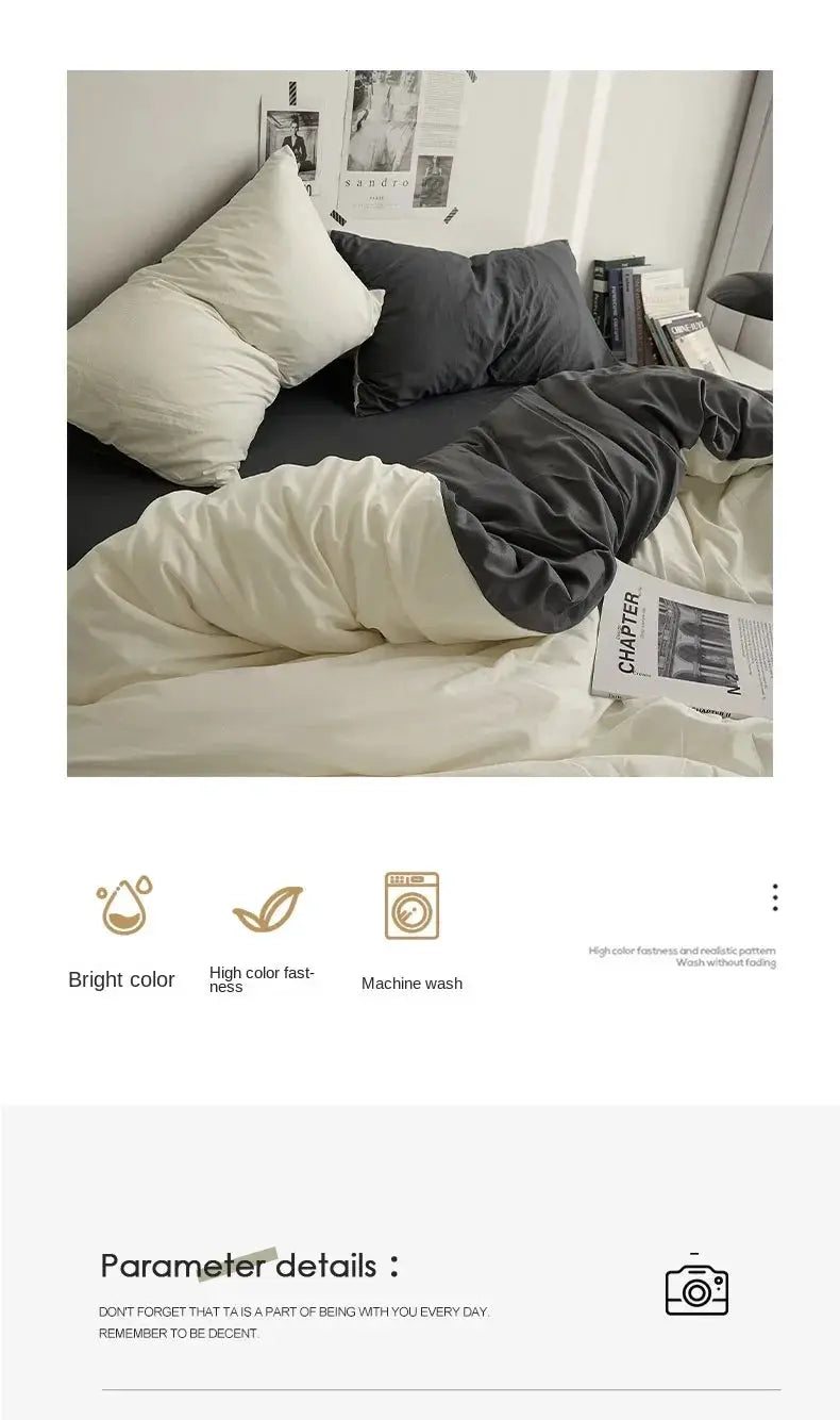 4-piece solid-color double-washed cotton bedding set by Simples Market in cream and charcoal for dorm beds