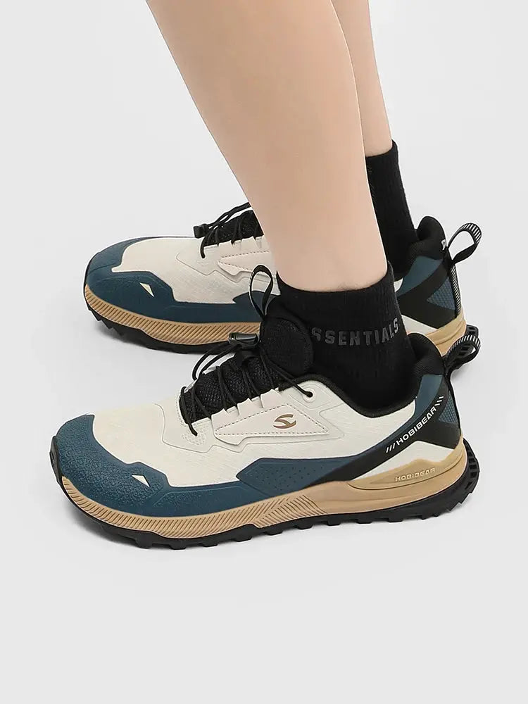 HOBIBEAR hiking shoes pair in beige/cream with blue overlays and tan outsole with rugged tread