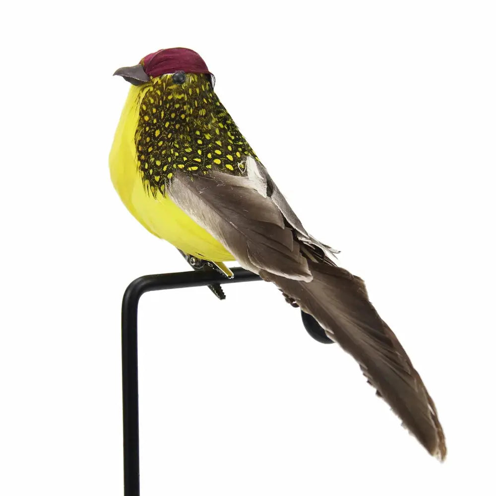 1PC artificial feather bird garden decoration; yellow body, maroon cap, brown wings on a black stand