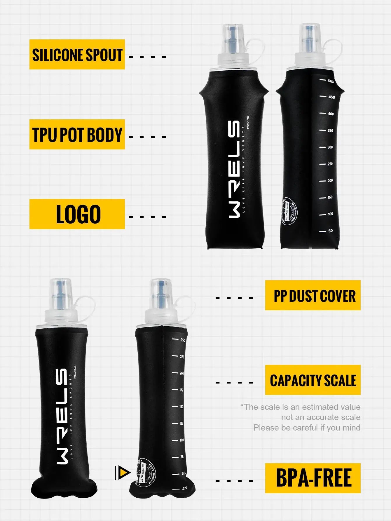 Simples Market WRELS soft flask; black TPU ultralight collapsible water bottle with leakproof squeeze, 2-pack