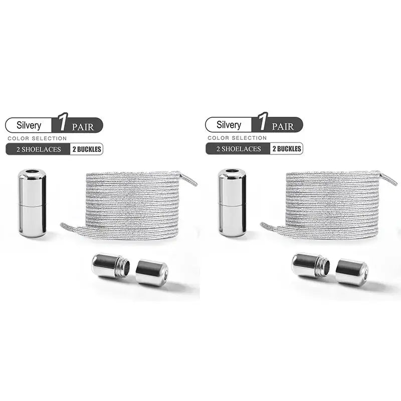 Shoelaces, 2 pairs of silver no-tie elastic laces with metal buckles for sneakers