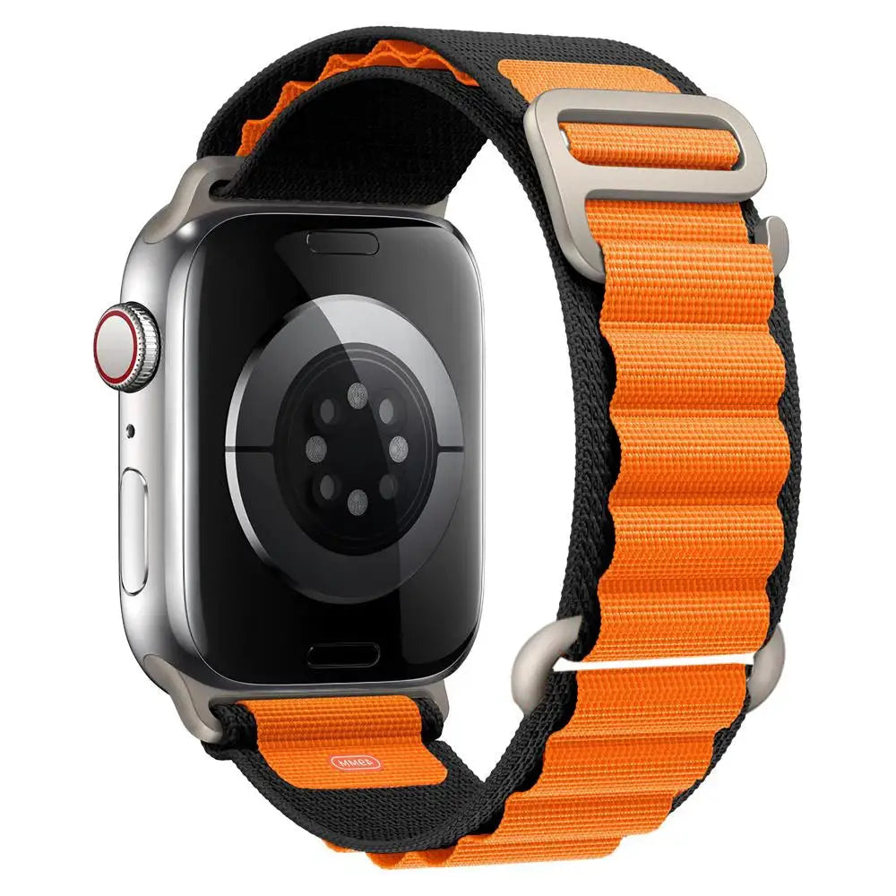 Apple Watch nylon Alpine strap by Simples Market, orange and black, for 40-49mm watches.