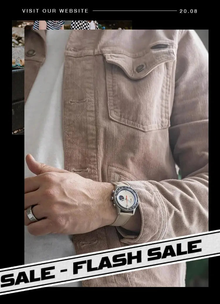 Men's stainless steel wristwatch with white dial and beige strap worn on a tan corduroy jacket.