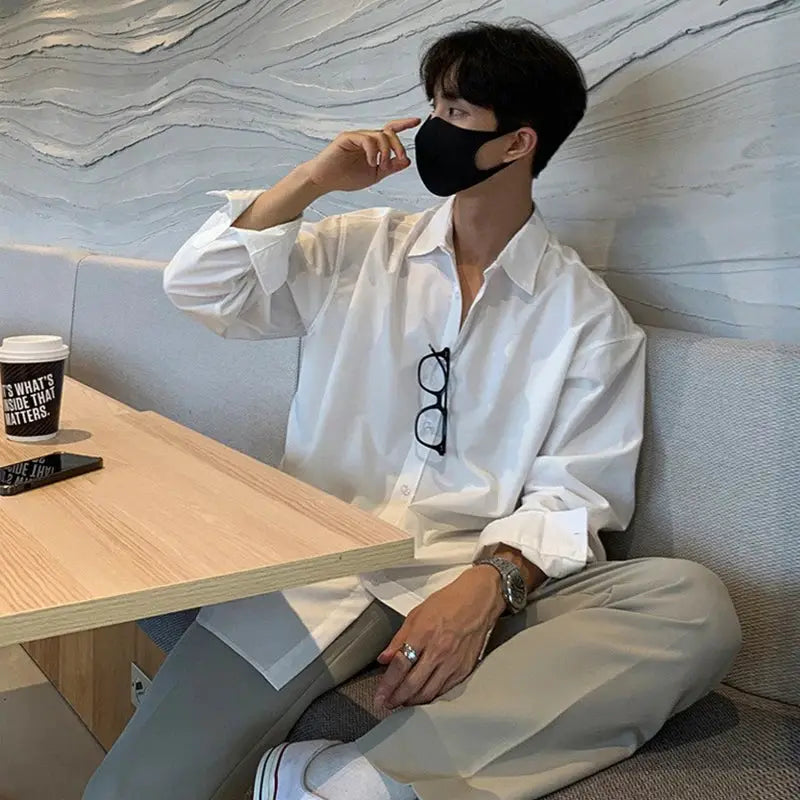 Men's white long-sleeve shirt, solid color casual business top