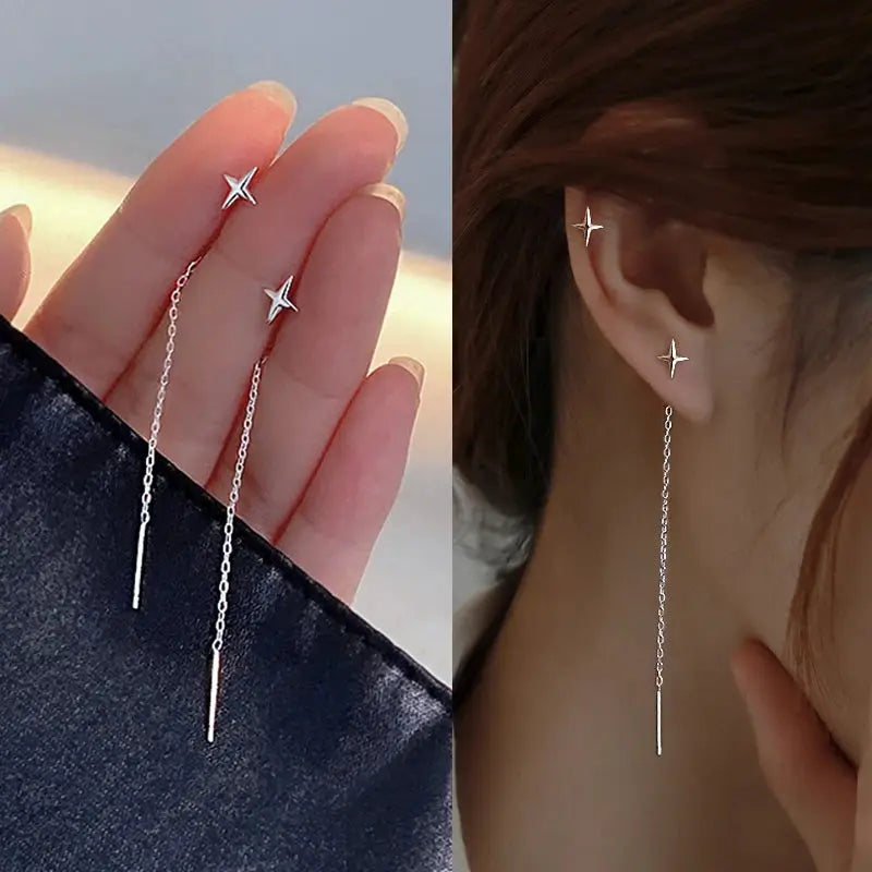 Long tassel drop earrings with star studs and delicate chain, silver-tone, 2-pc set