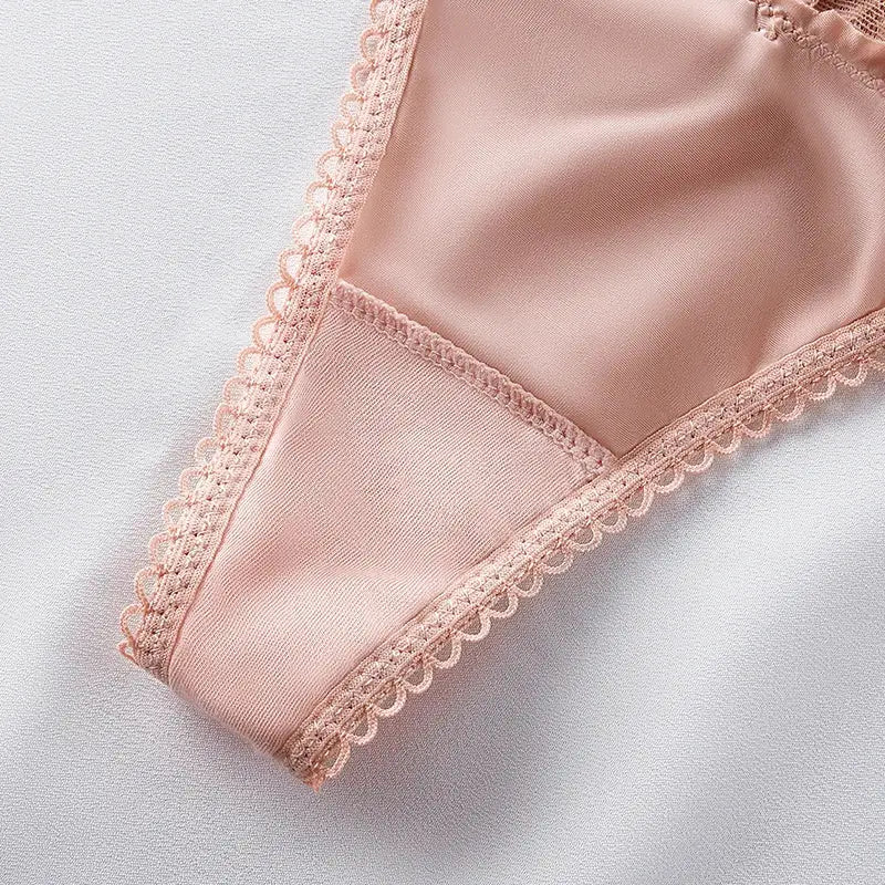 BANNIROU thong underwear for women by Simples Market, soft pink satin fabric with lace trim