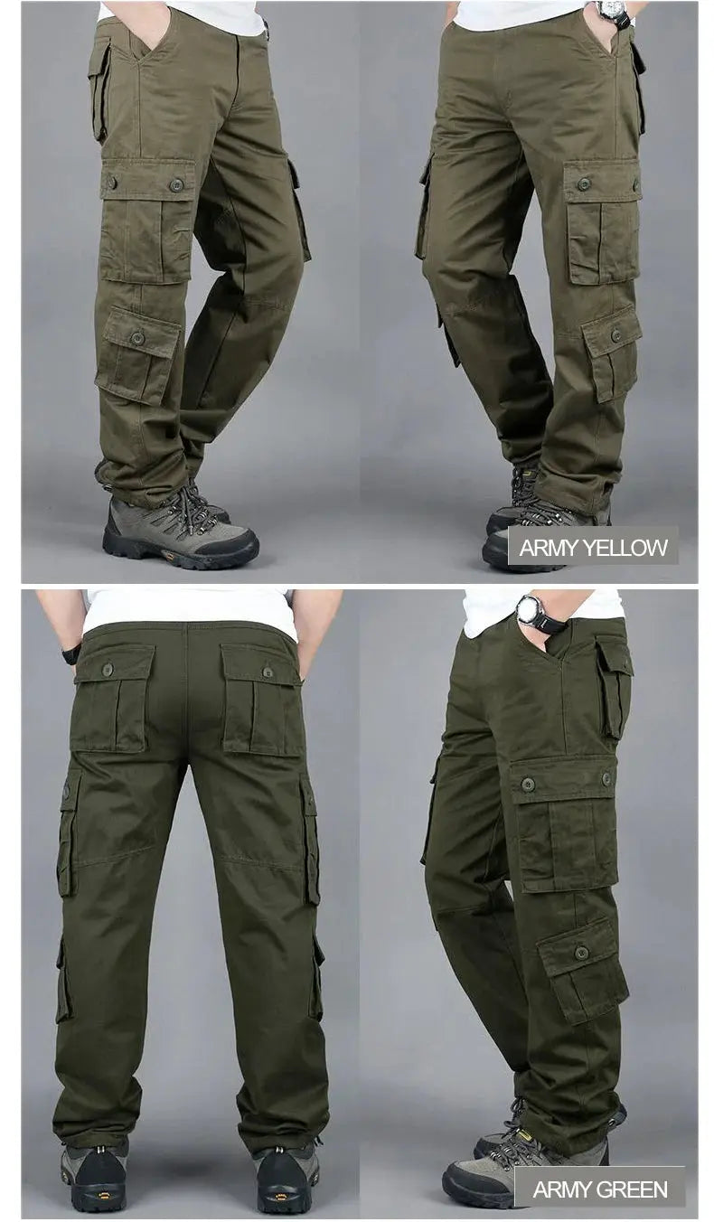 Men's tactical cargo pants in army yellow and army green, cotton work trousers with multiple cargo pockets