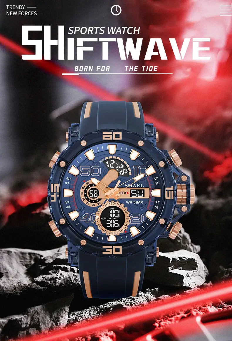 SMAEL military-style men's sport watch with blue dial and gold-tone accents; analog display, 50m water resistant.