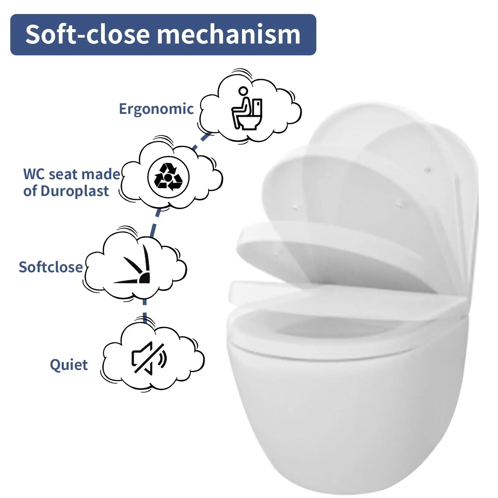Toilet seat, white with soft-close mechanism and adjustable hinges; ergonomic Duropast design by Simples Market