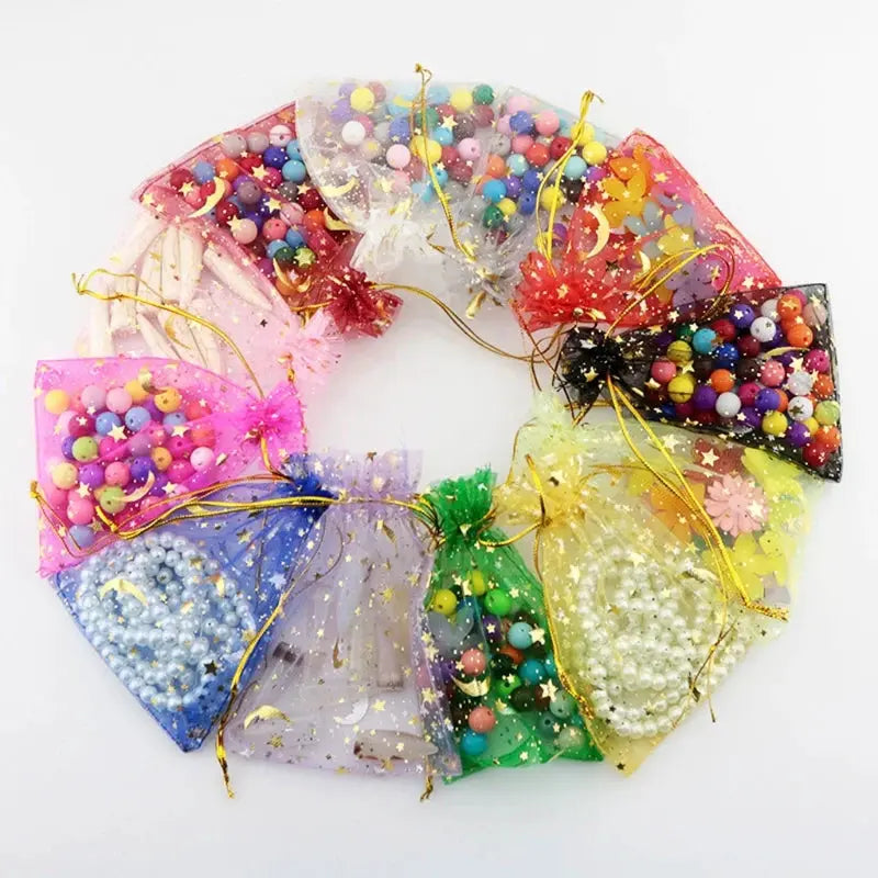 50Pcs Moon Stars Drawstring Organza Bags Jewelry Gift Pouches Gold Star Moon Pattern For Christmas Wedding Favors