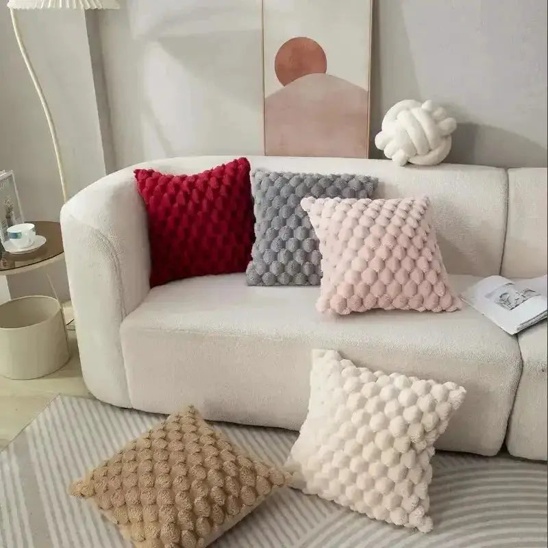 Simples Market pineapple grid turtle pattern 3D plush throw pillowcase, cream white; 5 textured cushions on sofa and rug