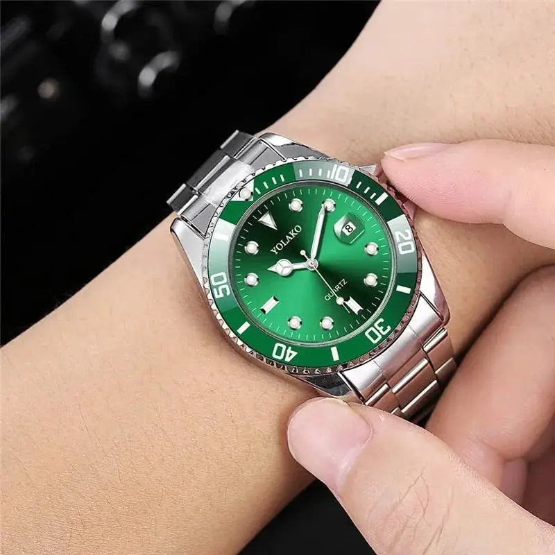Ghost Sport Mens Quartz Wristwatch Green Dial With Full Calendar Steel Alloy Band For Business Casual