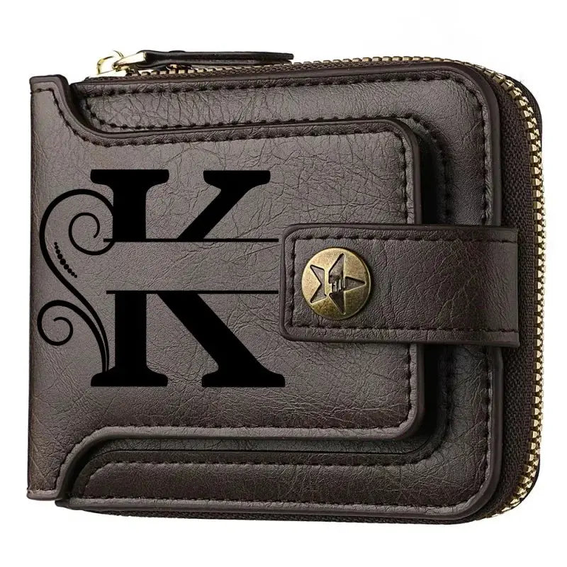 Personalized PU leather chain short wallet for men; brown with front K monogram and snap strap, zip closure