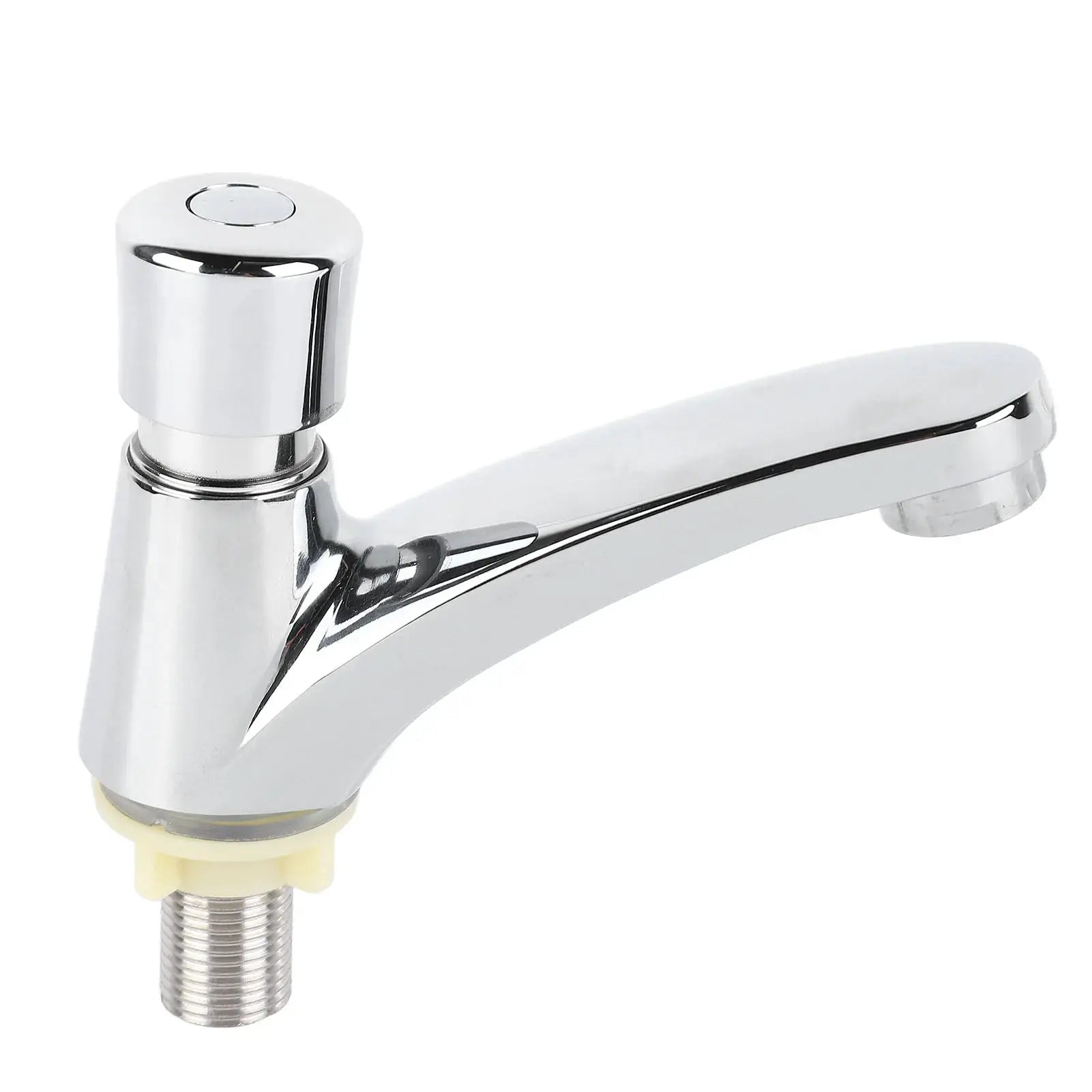 Time-delay basin faucet with push-button control, chrome finish, curved spout