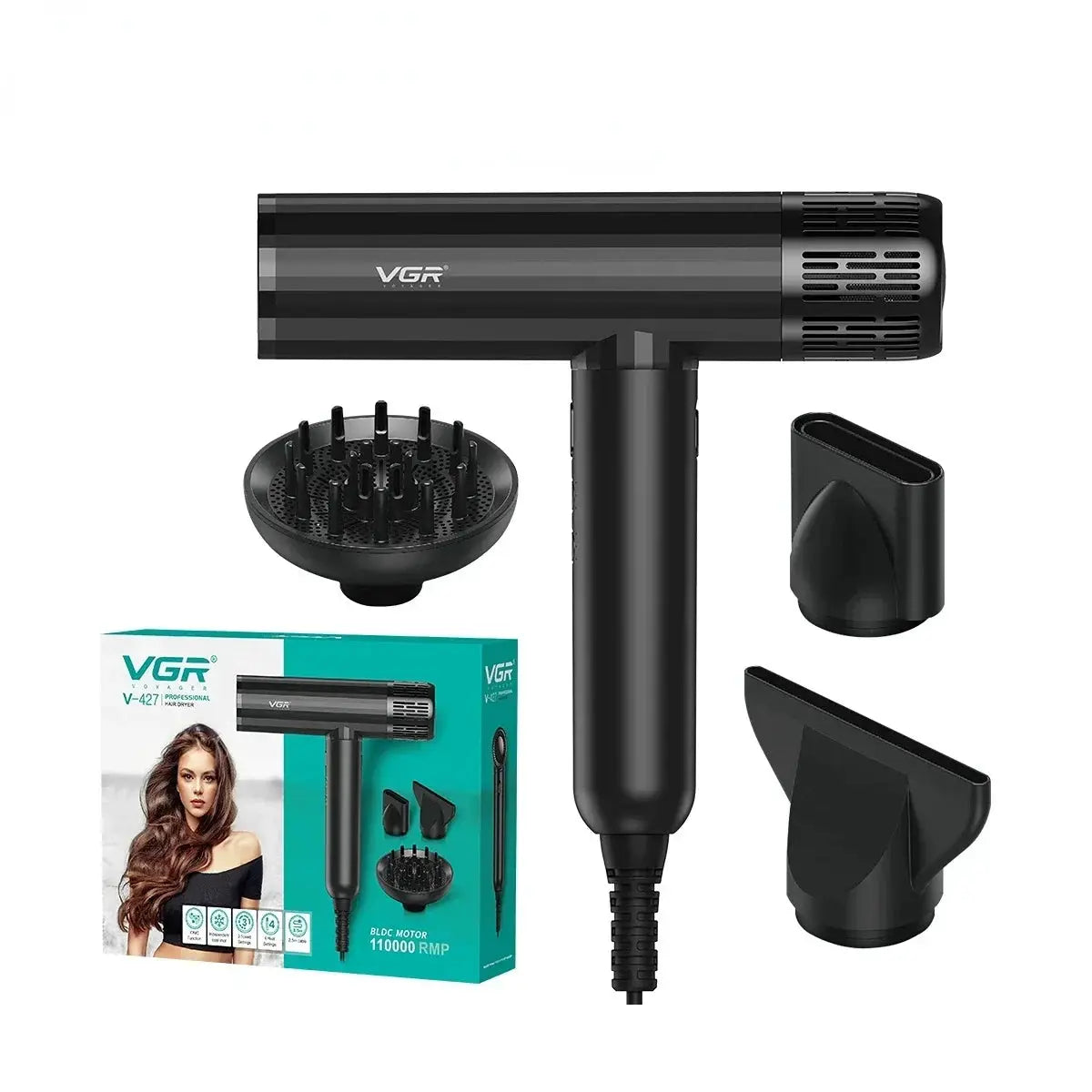 VGR professional hair dryer with brushless motor, black finish, 110000 RPM, includes diffuser and concentrator tips