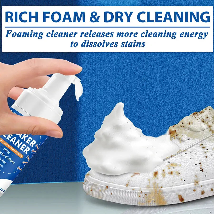 100ml white shoe cleaner foam bottle dispensing foam onto a white sneaker