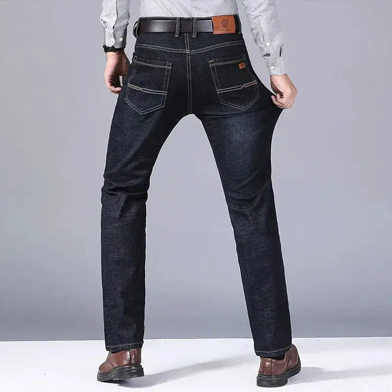 Simples Market men's denim jeans, dark black wash with contrast stitching and back pockets, sizes 32–38