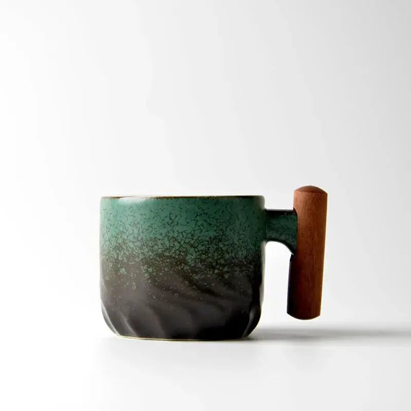Timberline Ceramic Retro Coffee Cup Handmade With Wooden Handle For Office And Home Use