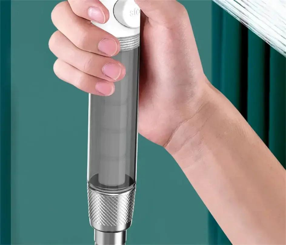 Handheld chrome showerhead with knurled grip, 10 modes, and one-touch stop.
