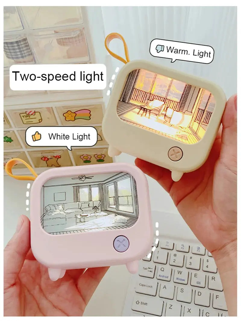 TV painting night lights by Simples Market, two pastel mini LED desk lamps for kids in cream and pink.