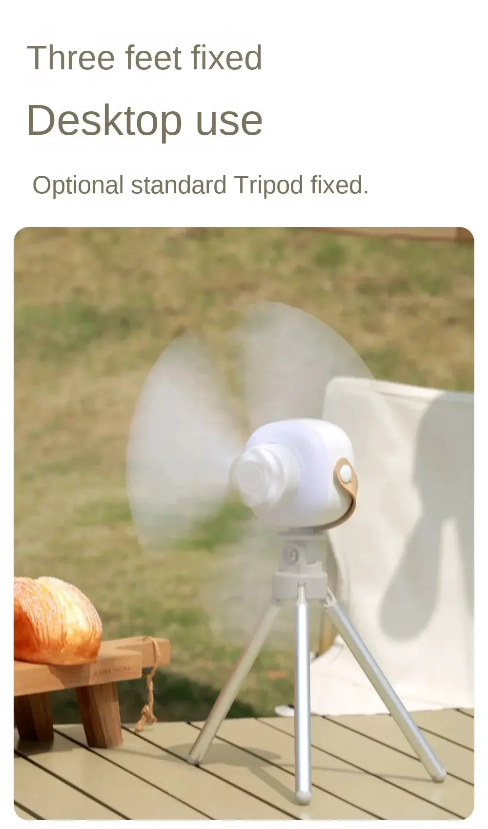 White portable wireless mini ceiling fan on a tripod stand with copper accent, outdoor deck setup