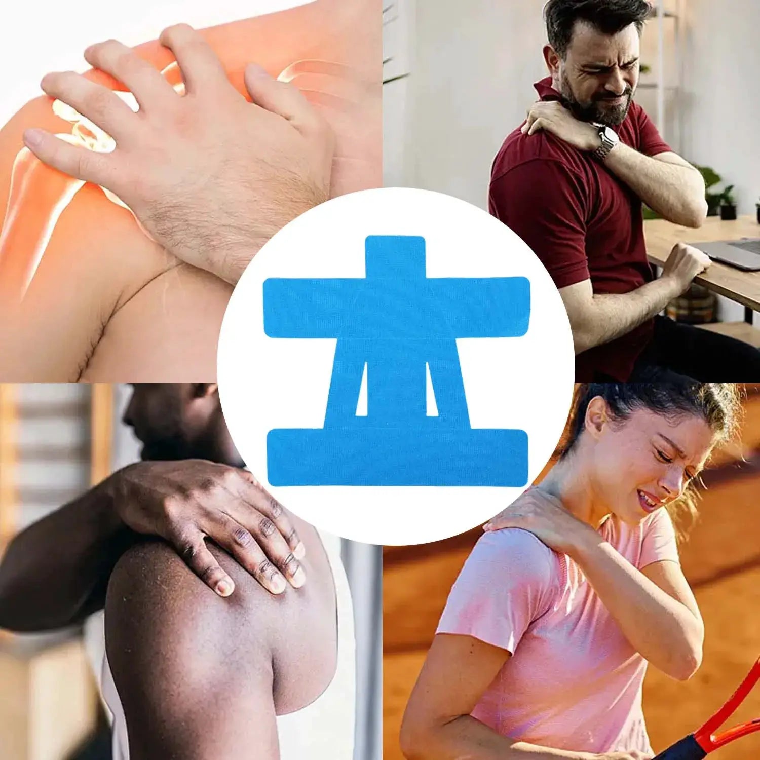 Kinesiology shoulder tape precut by Simples Market, waterproof and breathable; collage of 4 people