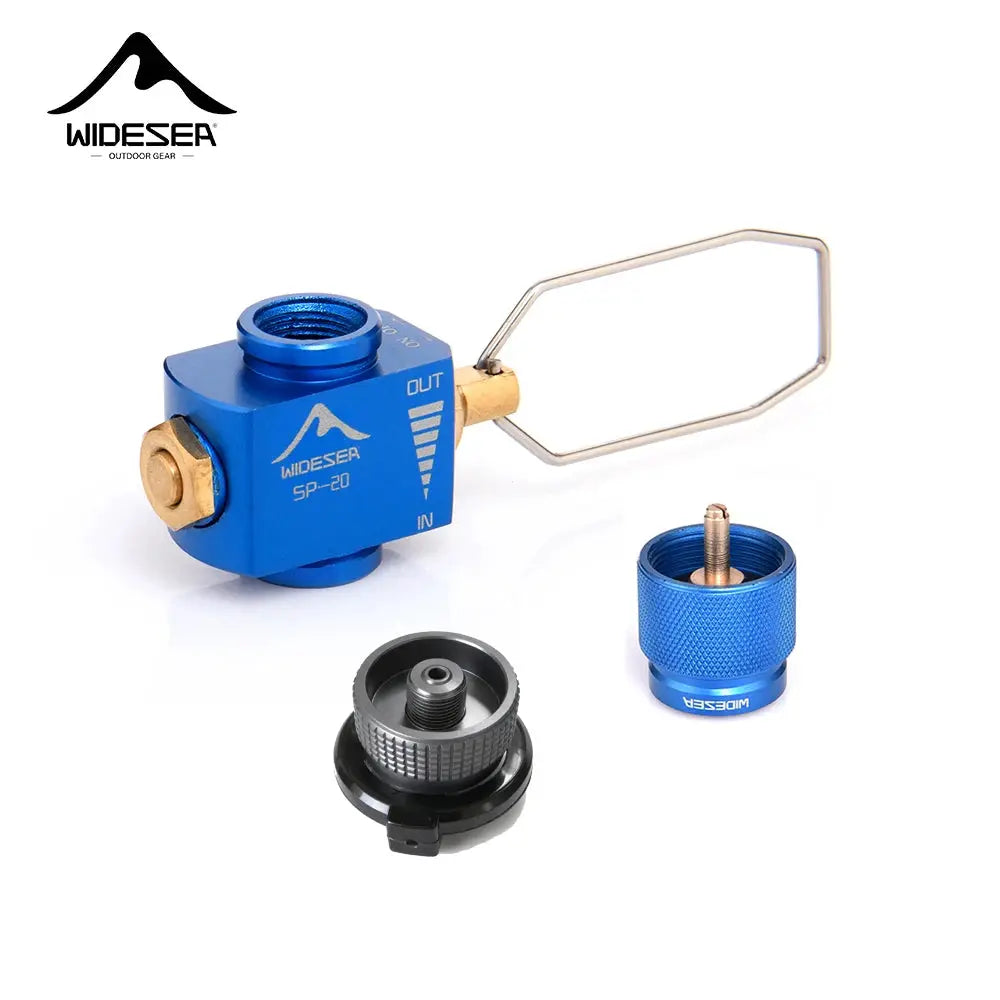 Widesea propane refill adapter kit in blue metal with brass fittings and a wire bail handle