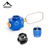 Widesea propane refill adapter kit in blue metal with brass fittings and a wire bail handle