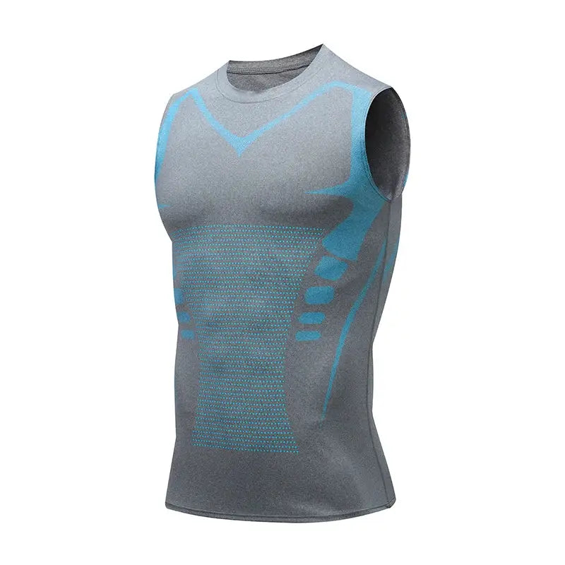 Men's compression tank top by Simples Market, gray sleeveless gym shirt with blue print, quick-dry fabric