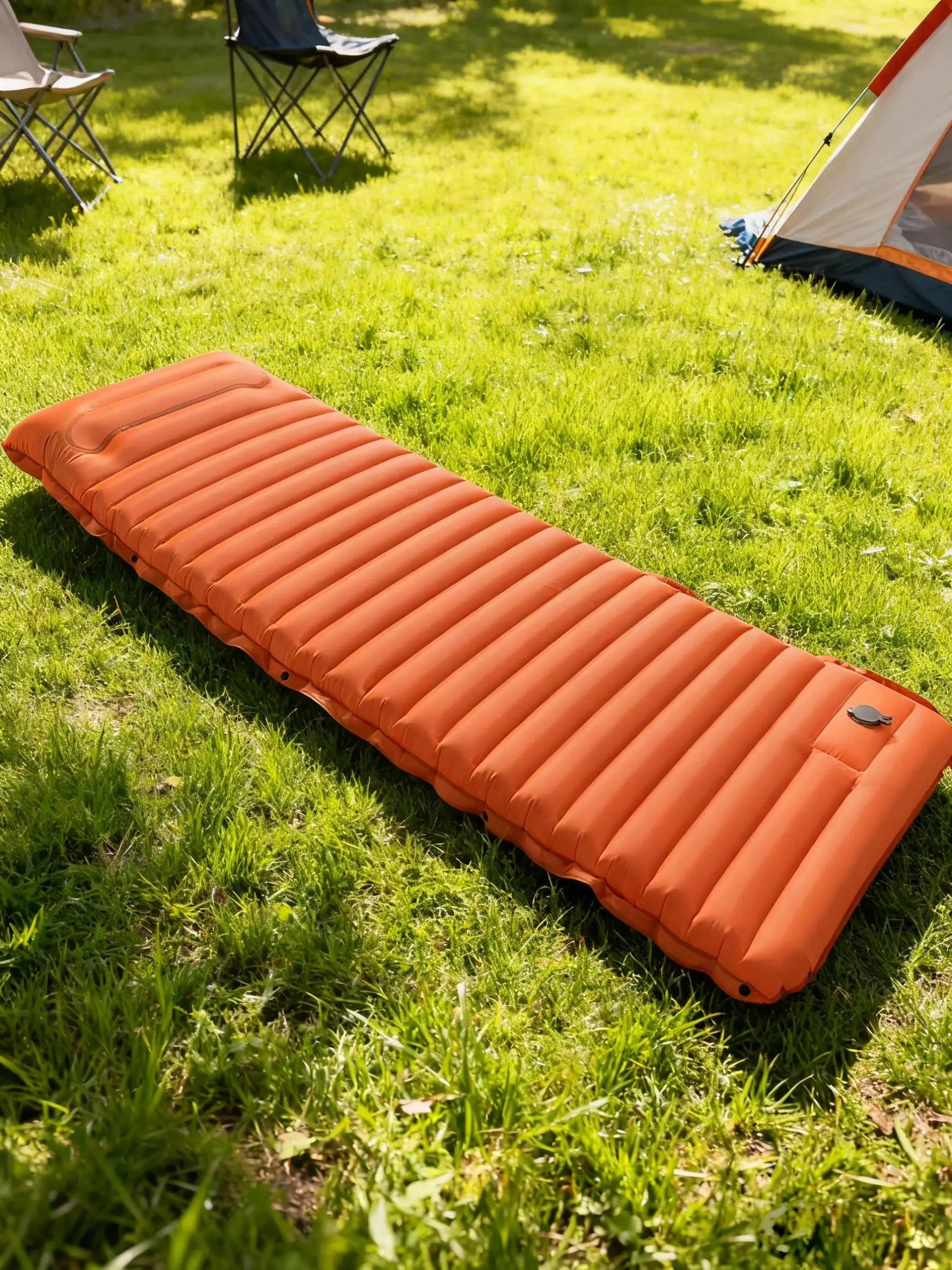 Orange extra-thick 4-inch camping sleeping pad, self-inflating and spliceable for hiking and fishing
