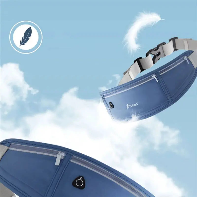 Two blue waterproof running waist packs with zippers and adjustable belts