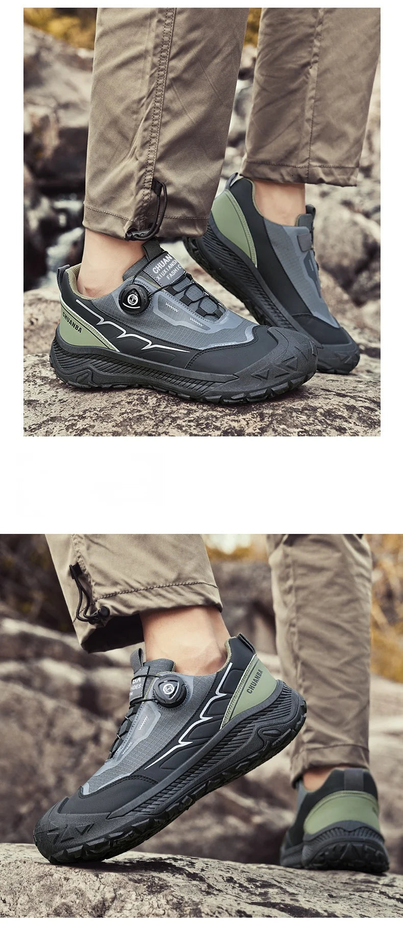 Men's casual hiking sneakers CHUANBA; gray with olive-green heel, low-top lace-up, rugged outsole.