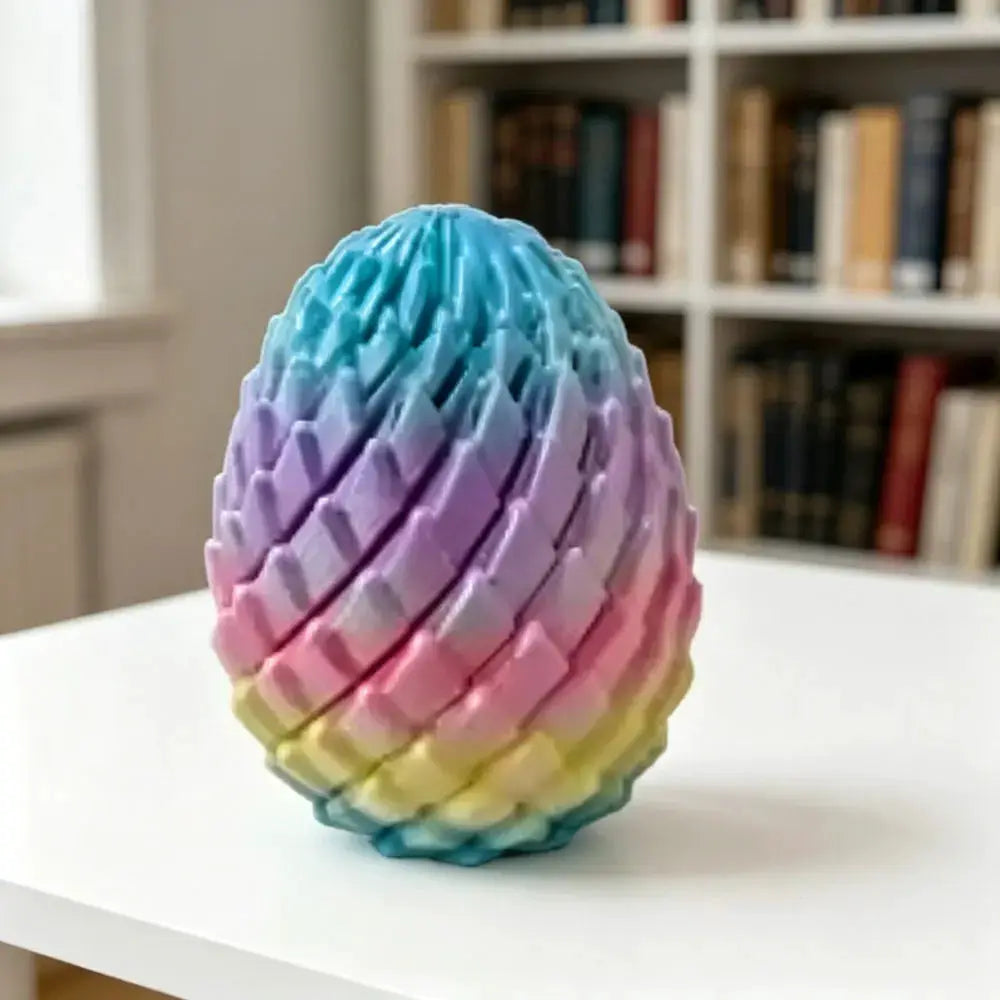 3D-printed dragon egg stress-relief model from Simples Market, rainbow pastel gradient desk ornament