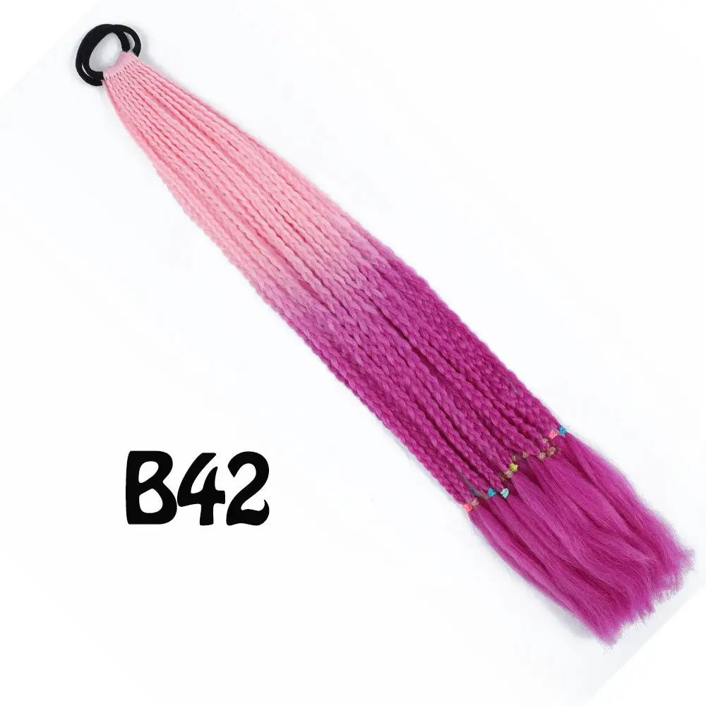 Synthetic gradient pink-to-magenta braided ponytail extension with elastic band, 24 inches