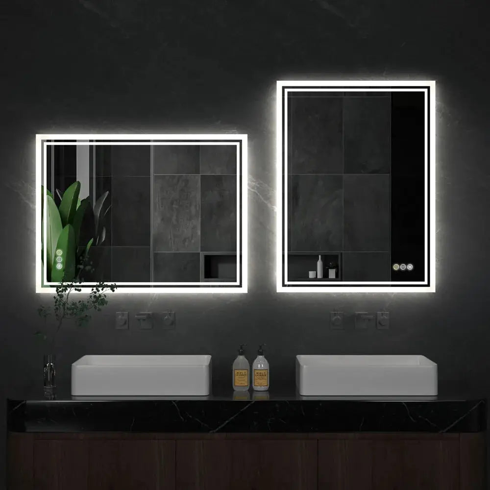 LUVODI Illuminate LED backlit frameless bathroom mirrors; two mirrors with double white LED borders above a dark vanity.