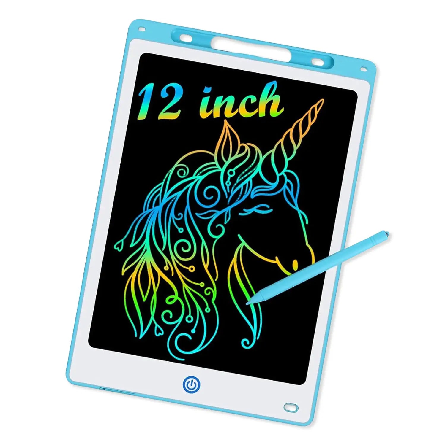 12-inch LCD writing tablet for kids with blue frame and stylus, rainbow unicorn drawing on screen