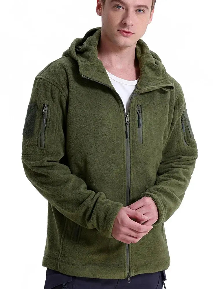 Men's hunting fleece jacket, olive green, hooded, full-zip with multiple zip pockets.