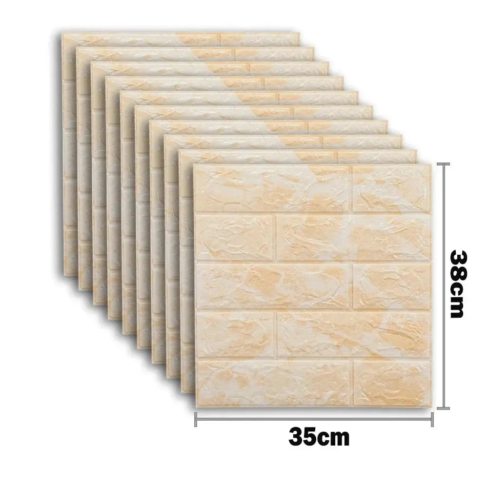 10pcs Simples Market 3D foam brick wall stickers, beige, self-adhesive and waterproof, 35x38 cm panels