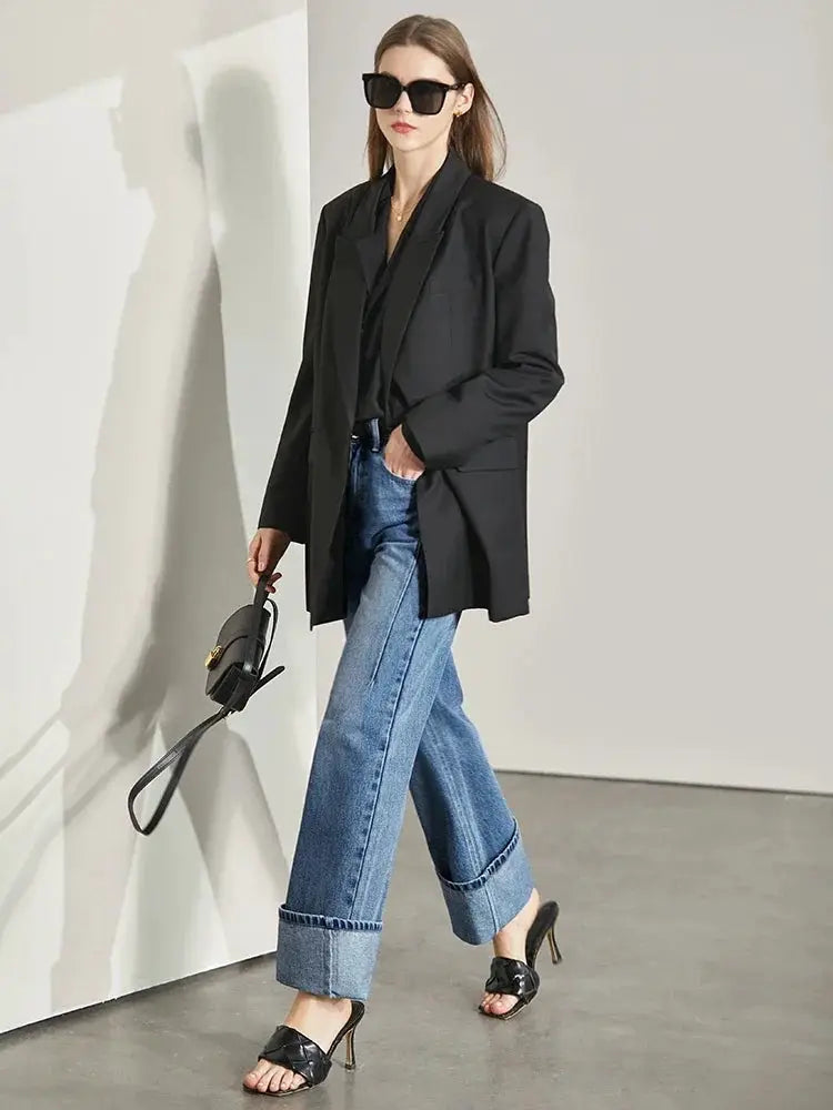 Amii Minimalism Vintage Denim Jeans Women Loose Wide Leg Autumn Pants