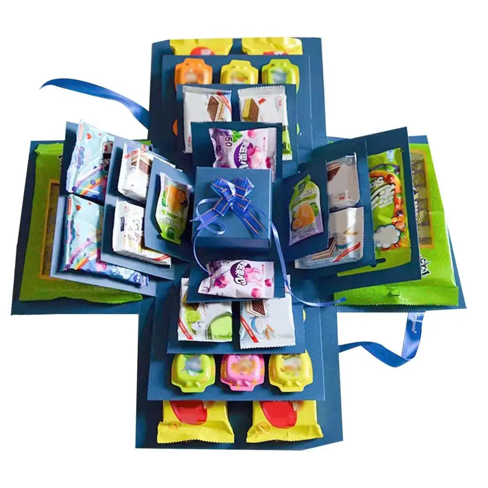 DIY Explosion Photo Album Gift Box by Simples Market; blue multi-layer scrapbook with labeled pockets and ribbon accents