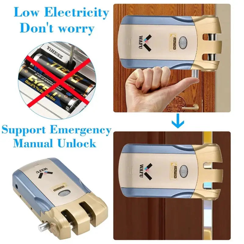 Wafu 019 remote control door lock by Simples Market; blue/gold body with 433MHz deadbolt and 5 chrome remotes