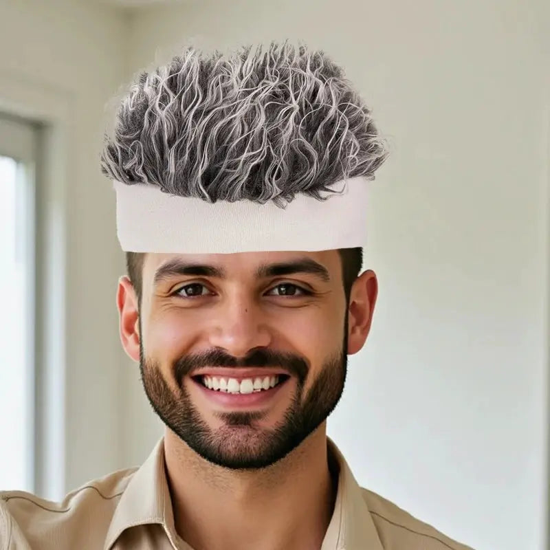 Simples Market hip-hop knitted wig cap with gray and white curls on a white headband, cosplay party accessory.