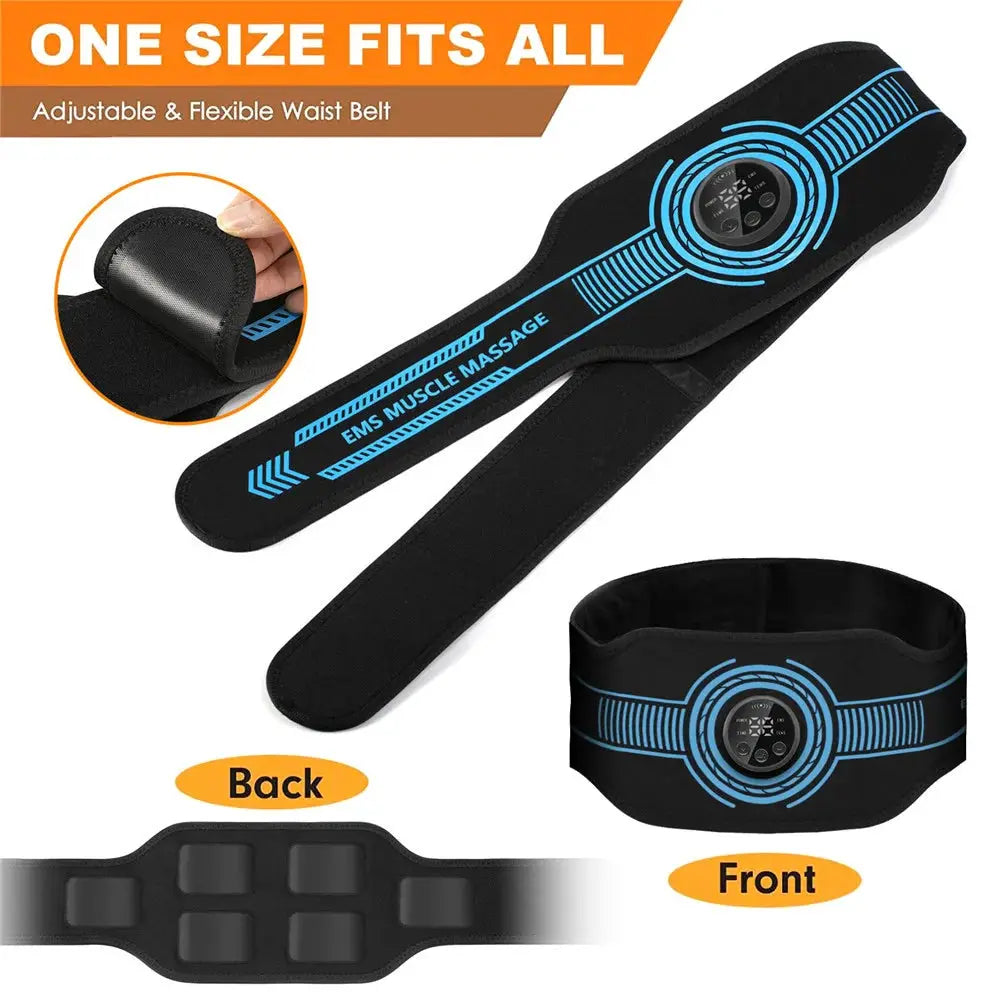 Simples Market EMS Belt Massage Set; USB-chargeable black abdominal muscle stim belt with blue design and controller