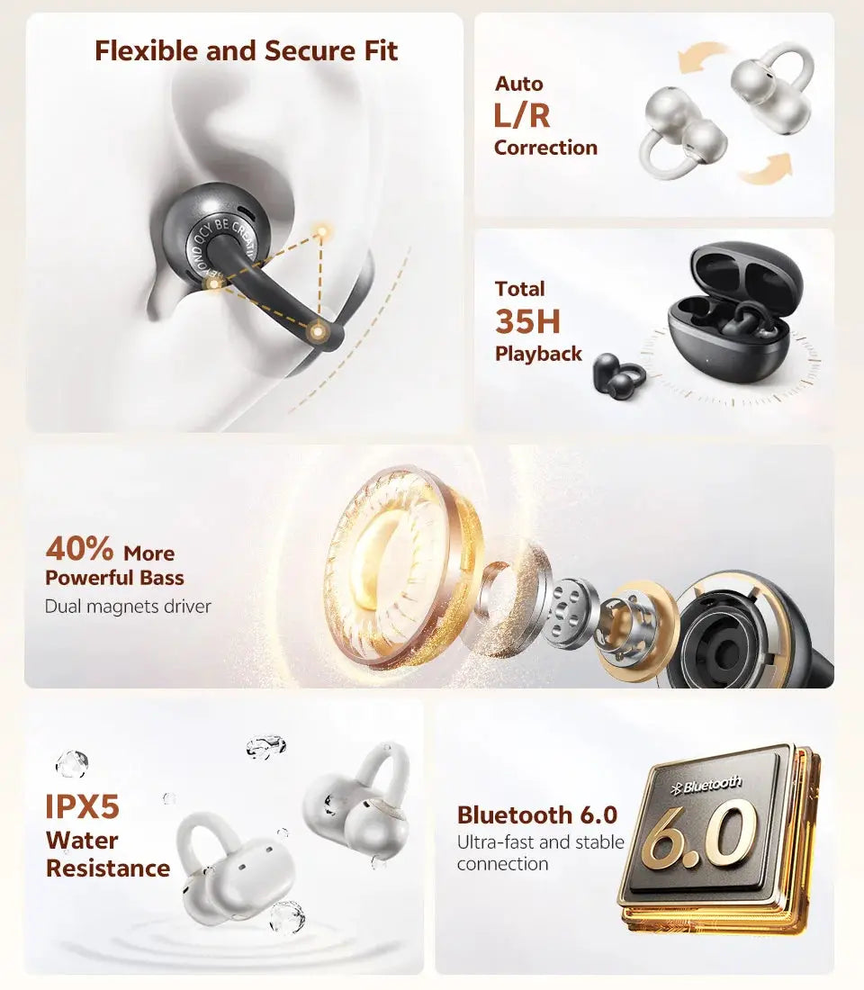 QCY Crossky C50 open-ear wireless earbuds, black, Bluetooth 6.0, IPX5