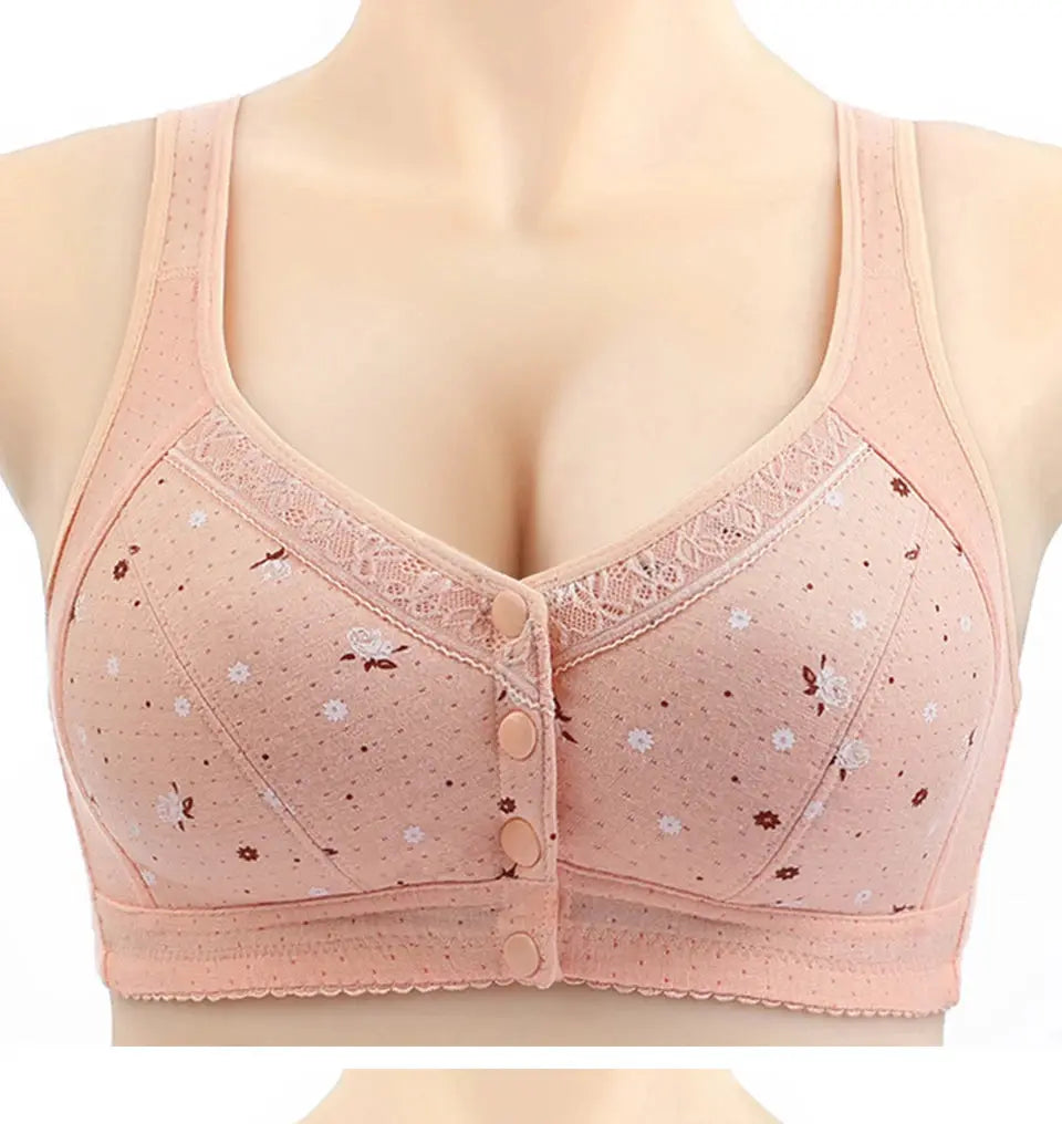 Front-closure lace bra for women, peach with floral print, wireless seamless bralette.